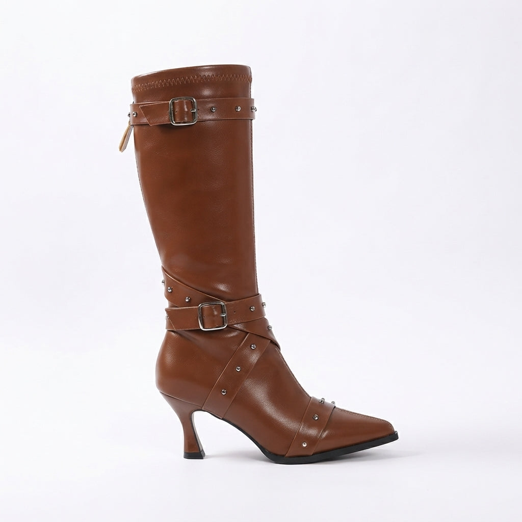 Women's Black Leather Knee High Block Heel Boots