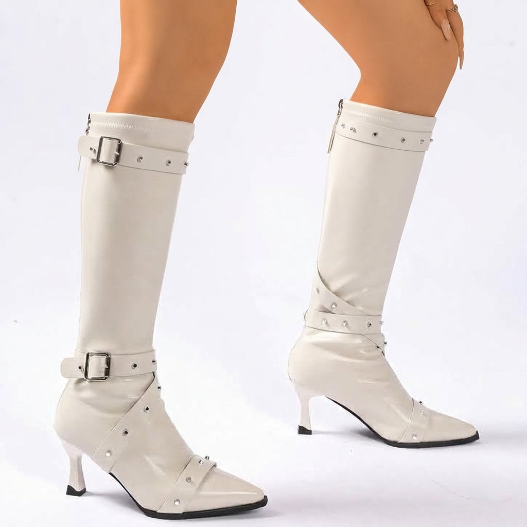Women's Black Leather Knee High Block Heel Boots
