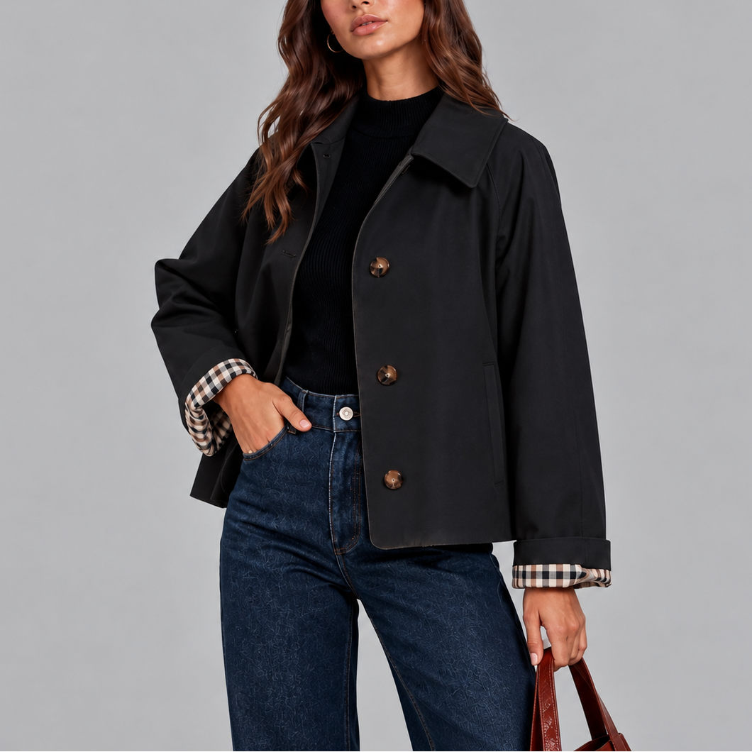 Women's Cropped Trench Coat – Plaid Lined Short Trench Jacket