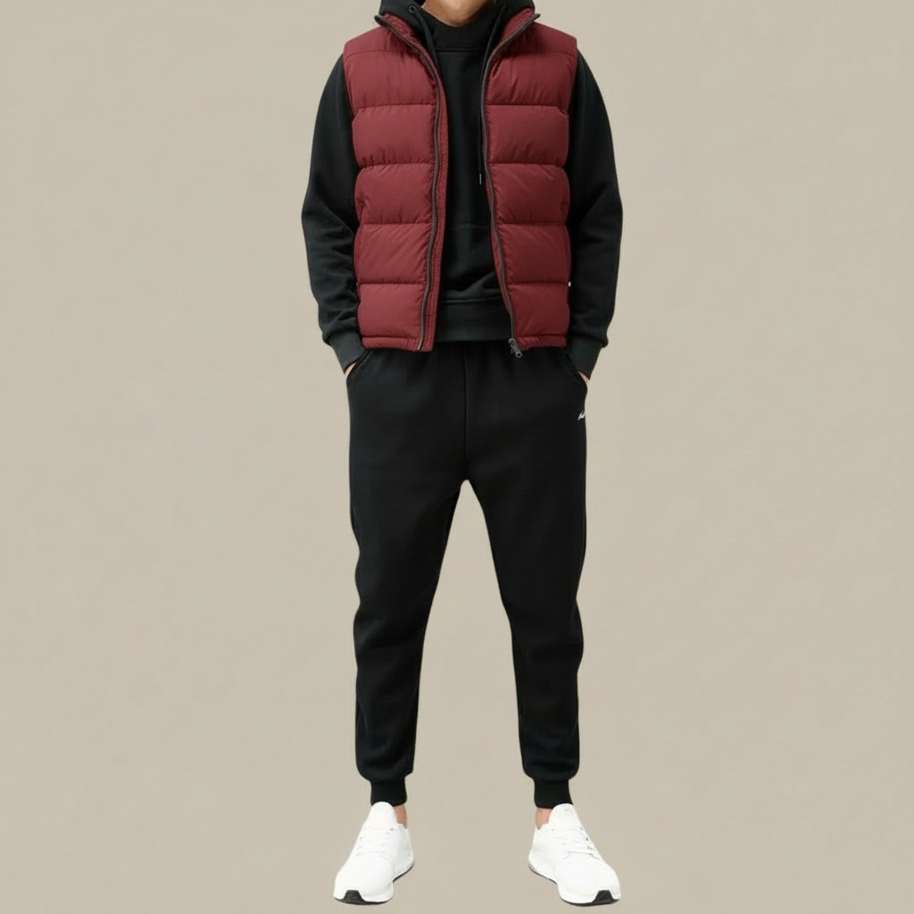 Men's Padded Gilet with Zip Front and Stand Collar