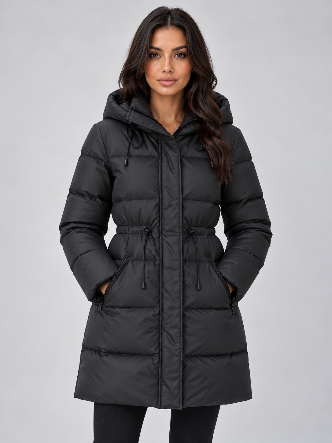 Women's Longline Hooded Puffer Coat with Drawstring Waist