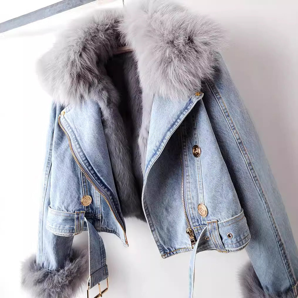 Women's Denim Coat with Removable Fox Fur Collar – Luxe Lined