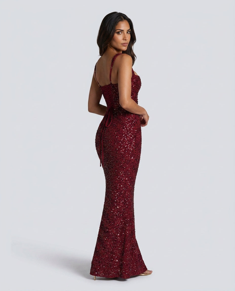 Women's Sequin Tie-Up Maxi Dress with Square Neck