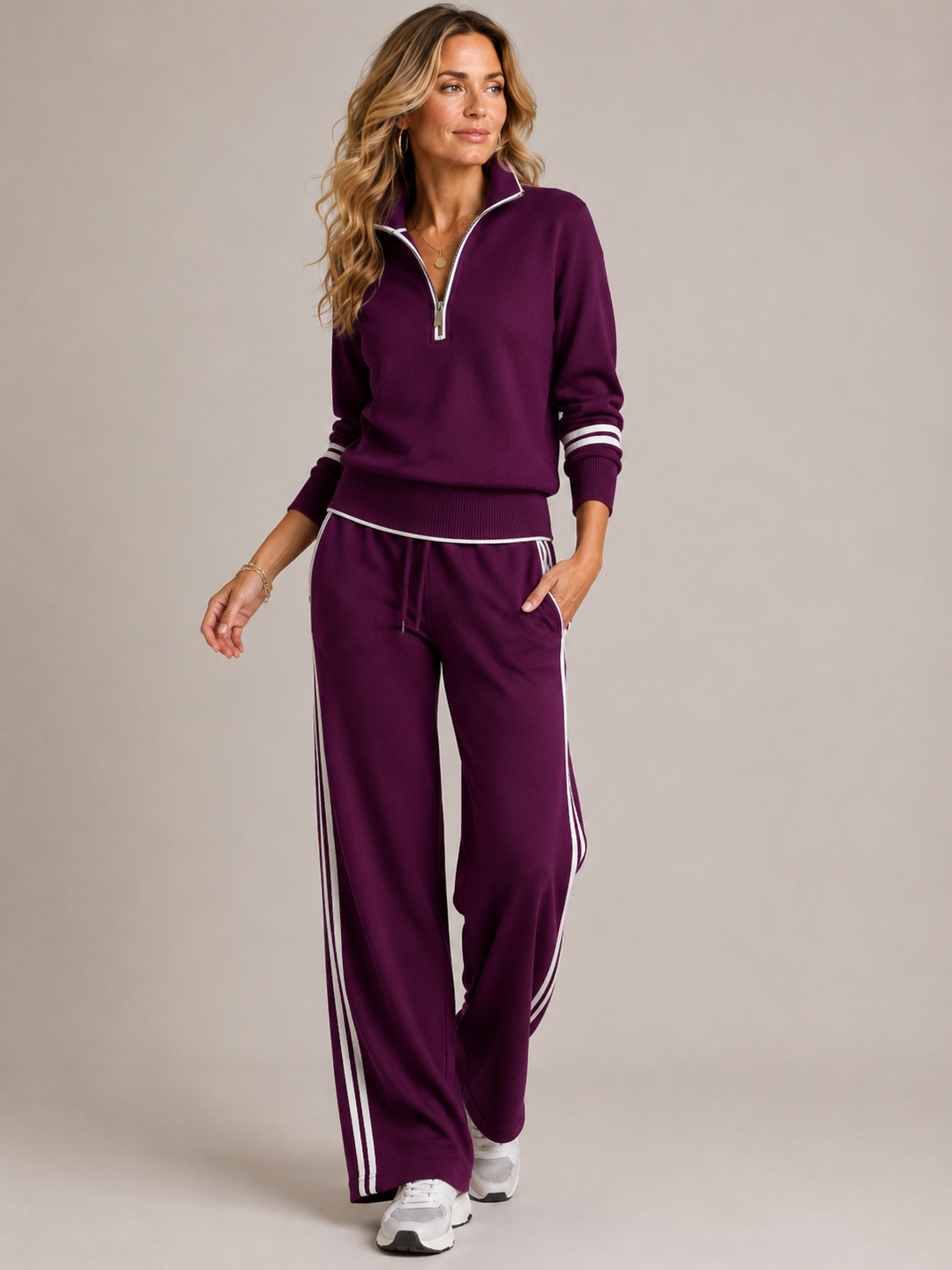 Women's Knitted Two-Piece Co-Ord Set – Quarter-Zip Jumper and Trousers