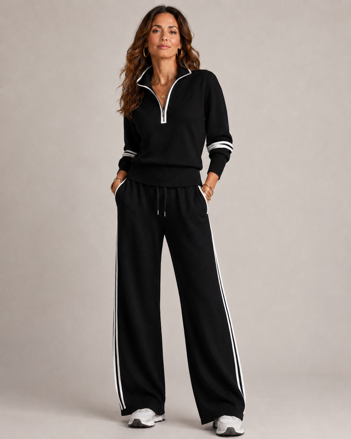 Women's Knitted Two-Piece Co-Ord Set – Quarter-Zip Jumper and Trousers