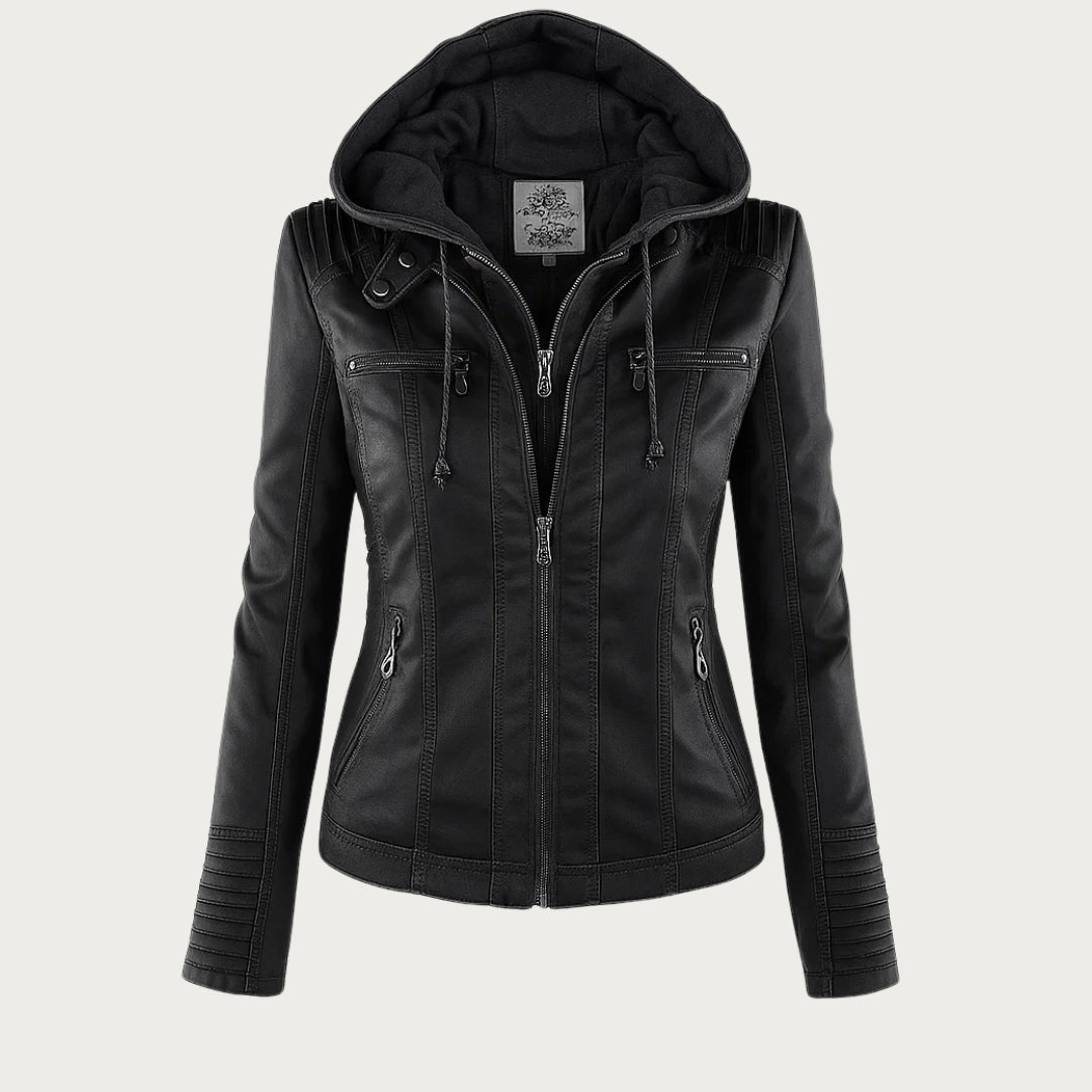 Women's Leather Biker Jacket with Removable Hood