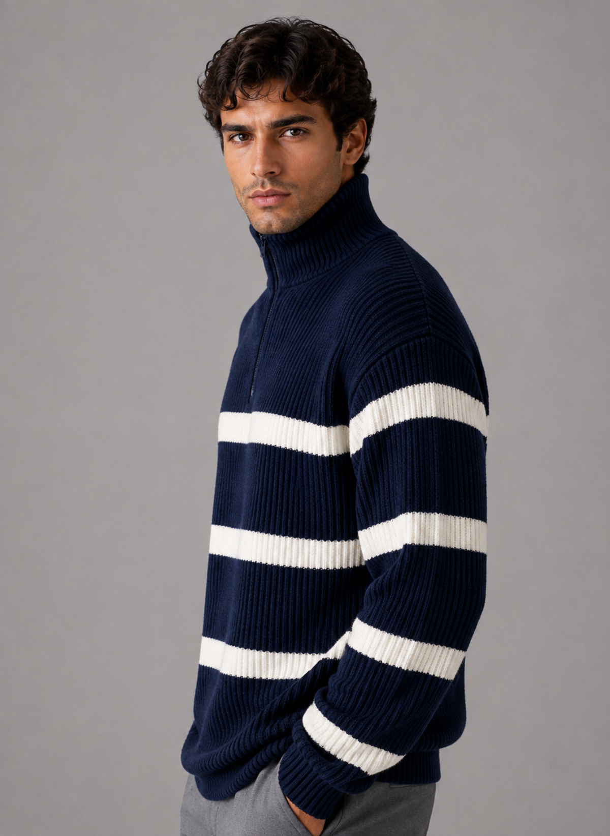 Men's Striped Half Zip Jumper – Oversized Ribbed Knit