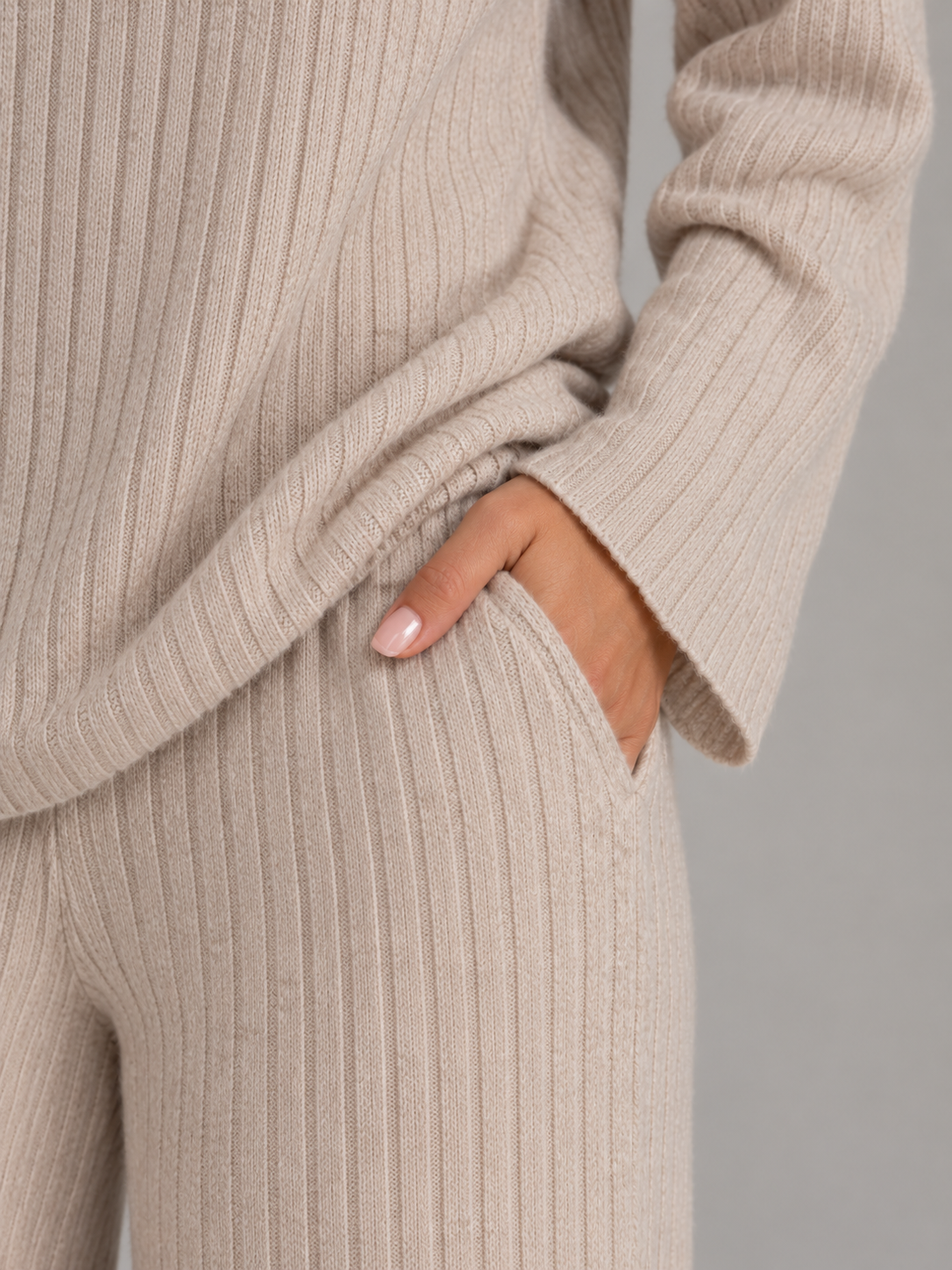 Women's Ribbed Knit Lounge Co-Ord Set – V-Neck Jumper and Trousers