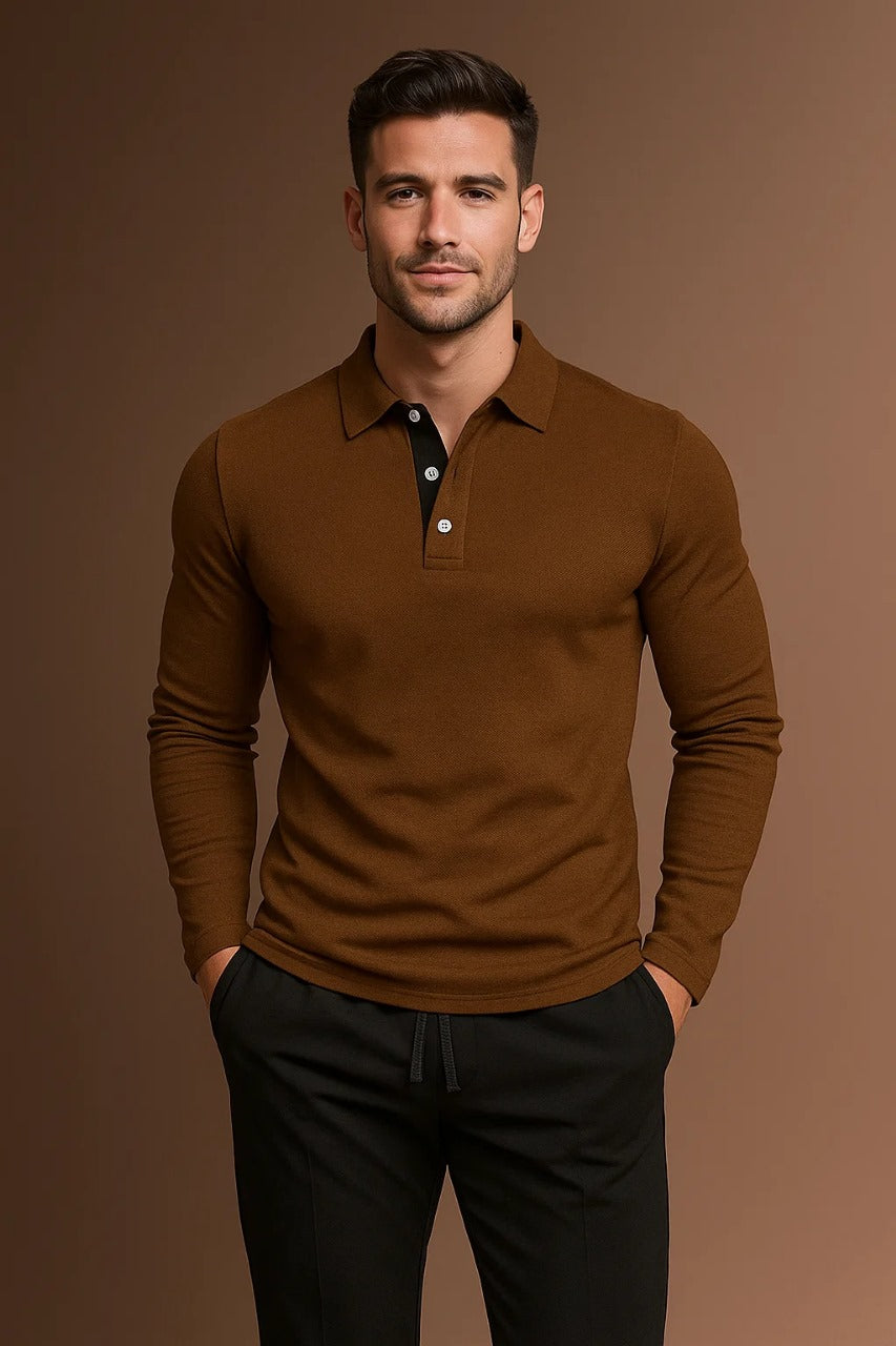 Men's Long Sleeve Polo Shirt with Button Placket