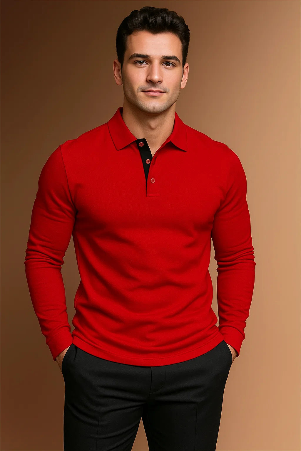 Men's Long Sleeve Polo Shirt with Button Placket