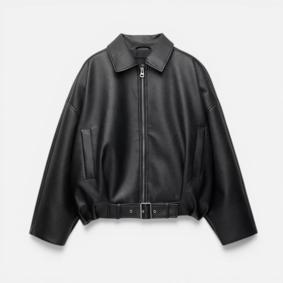 Women's Faux Leather Jacket – Belted Cropped Zip-Up