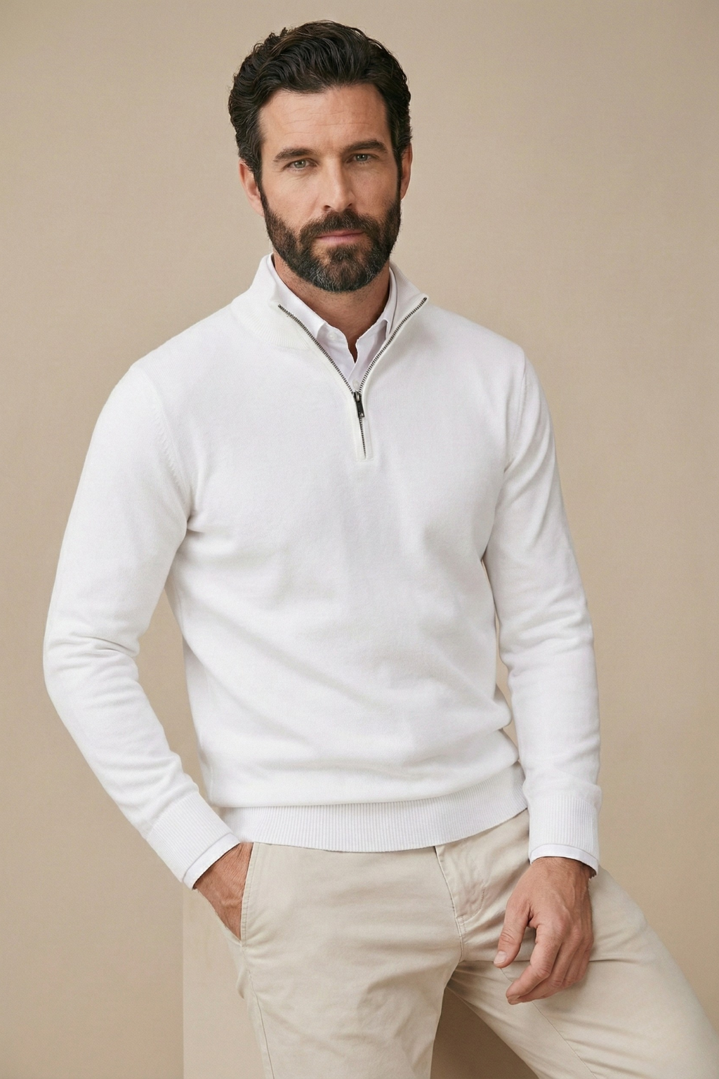 Men's Half Zip Jumper with Stand Collar and Ribbed Hem