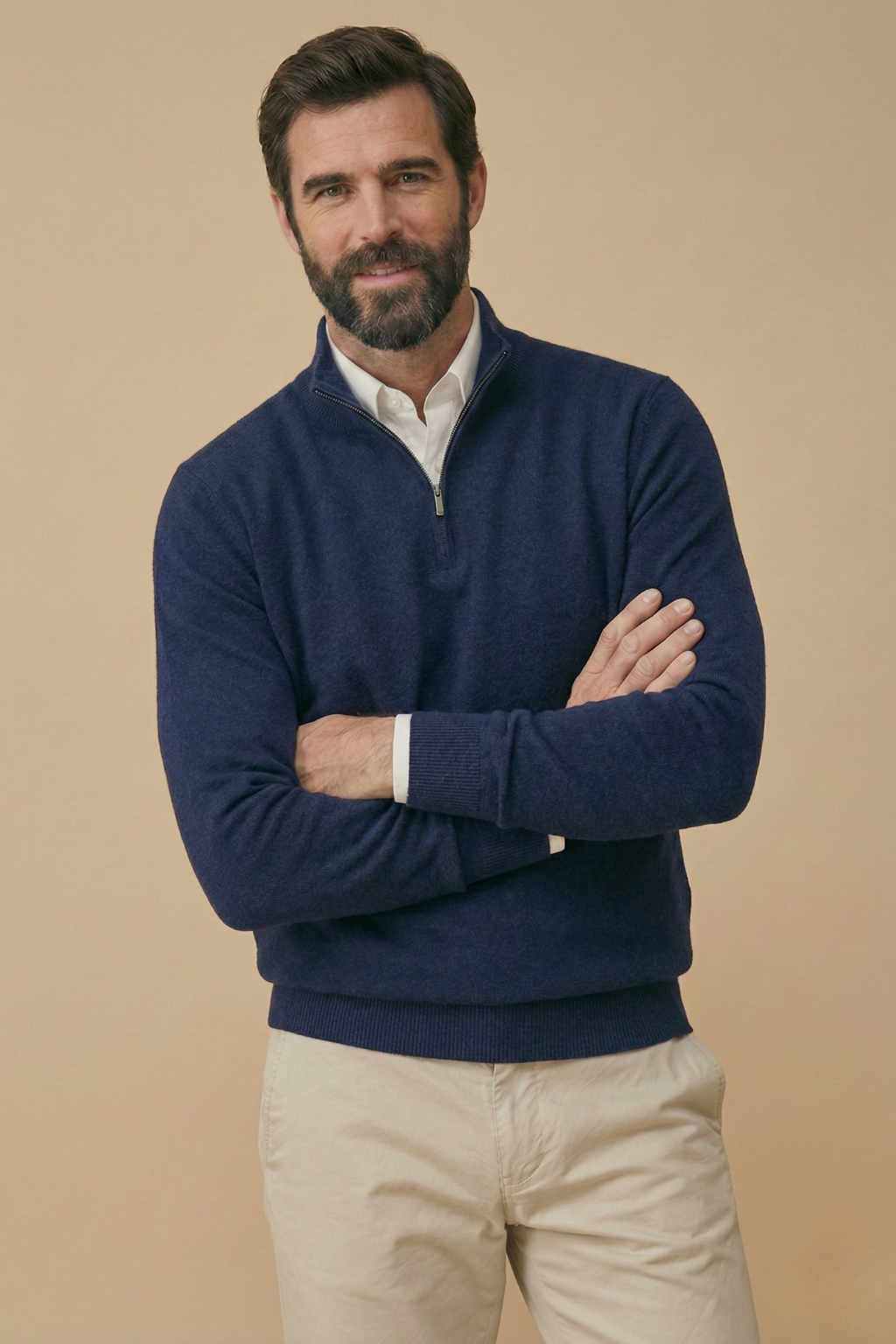 Men's Half Zip Jumper with Stand Collar and Ribbed Hem