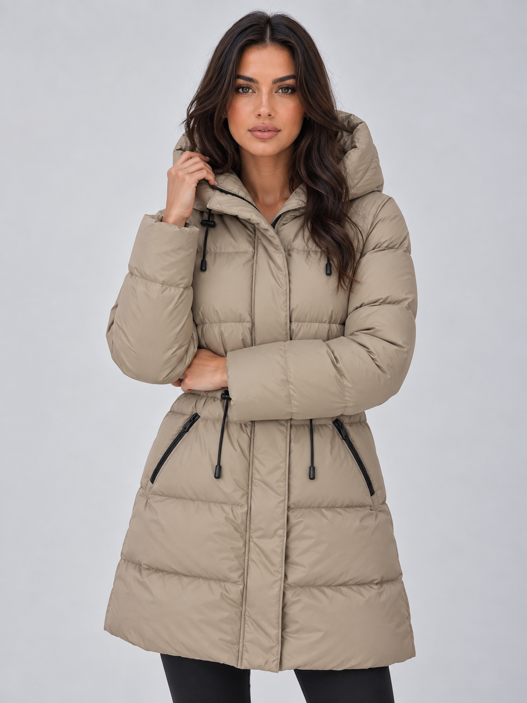 Women's Longline Hooded Puffer Coat with Drawstring Waist
