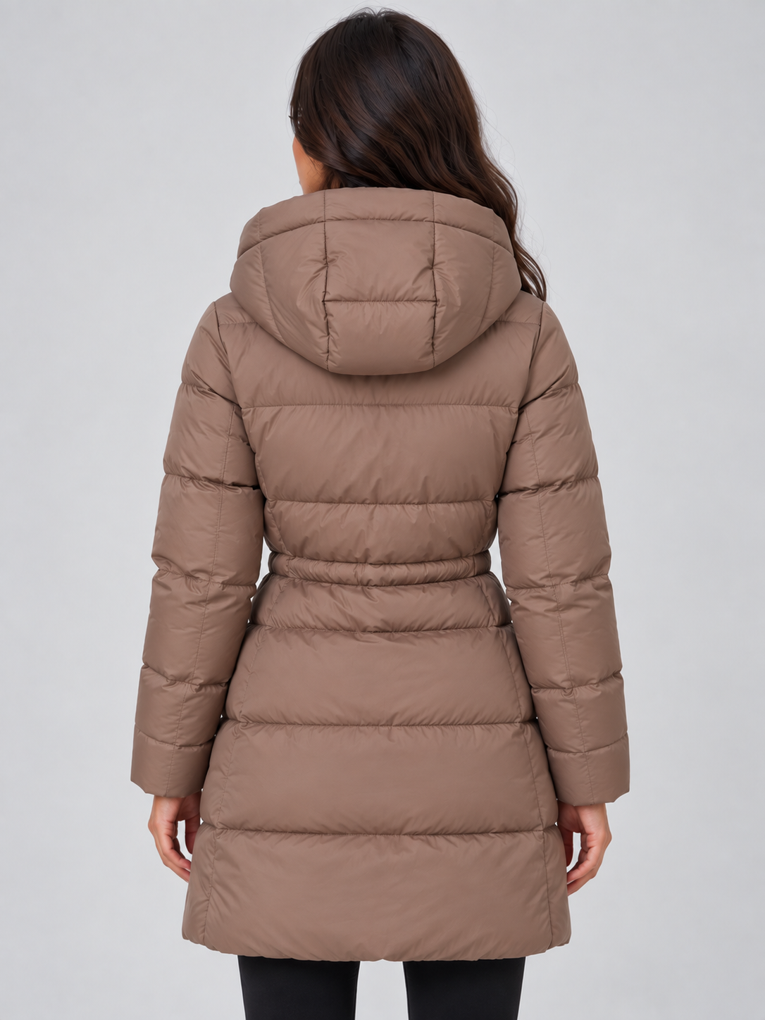 Women's Longline Hooded Puffer Coat with Drawstring Waist