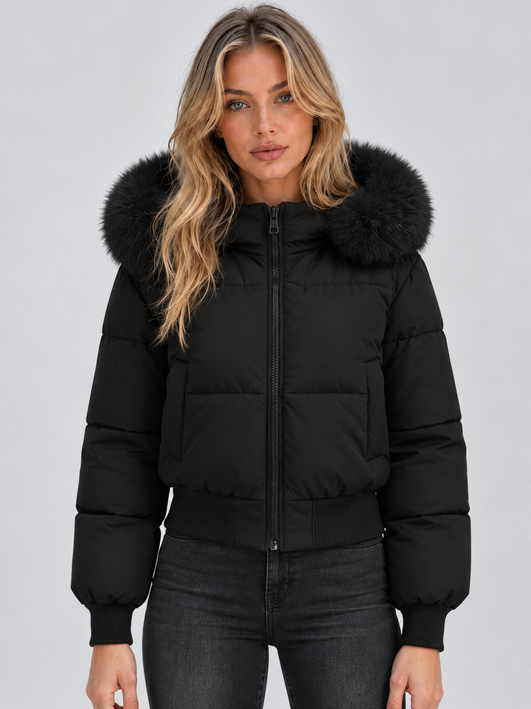 Women's Faux Fur Collar Puffer Jacket – Full-Zip Padded Winter Coat