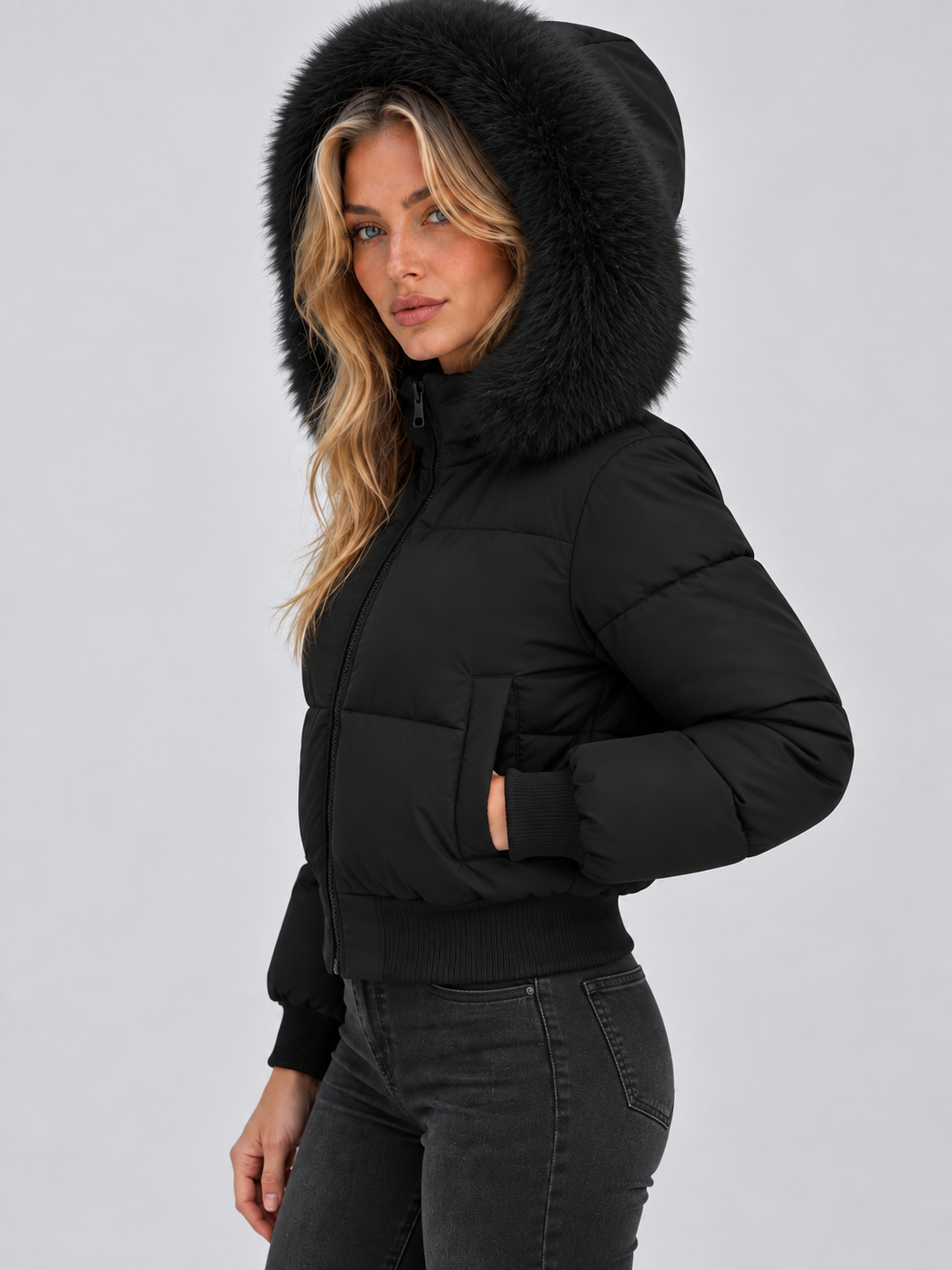 Women's Faux Fur Collar Puffer Jacket – Full-Zip Padded Winter Coat