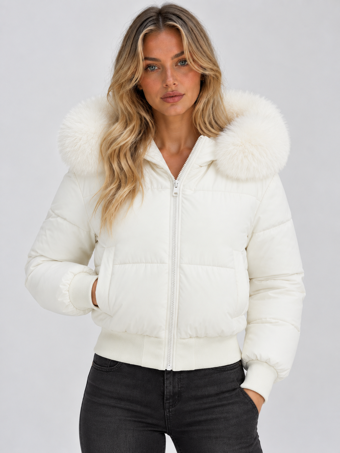 Women's Faux Fur Collar Puffer Jacket – Full-Zip Padded Winter Coat