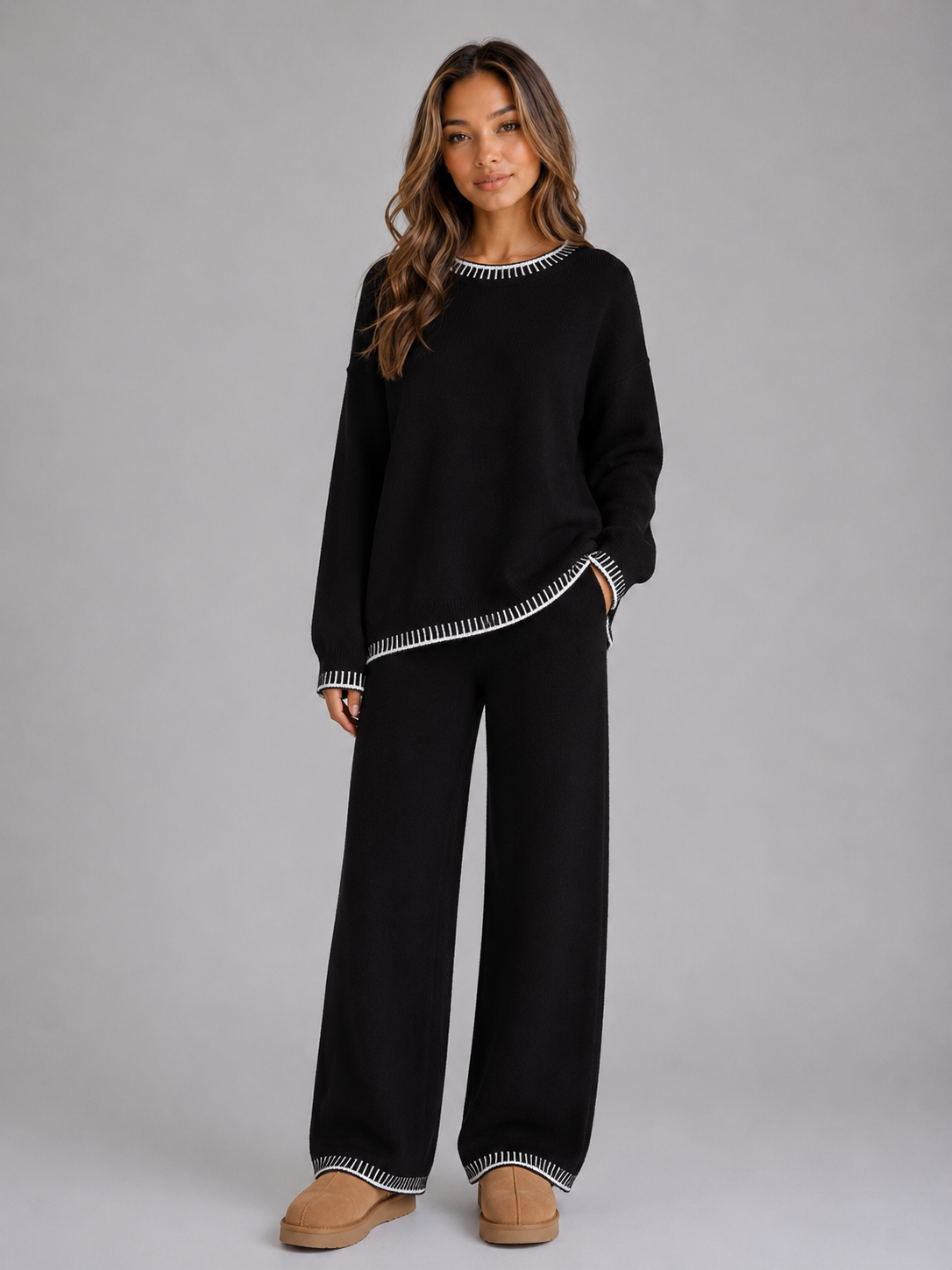 Women's Knitted Co-Ord Set – Relaxed Jumper and Wide Leg Trousers