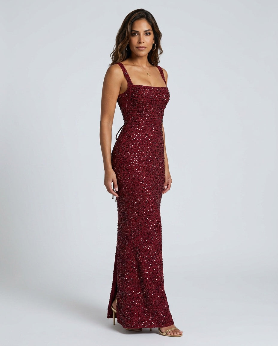 Women's Sequin Tie-Up Maxi Dress with Square Neck