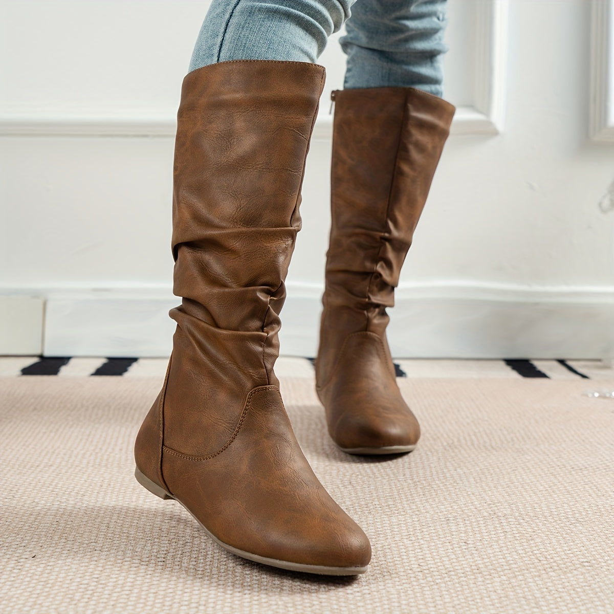 Women's Knee High Slouchy Boots – Black Flat Heel Boots
