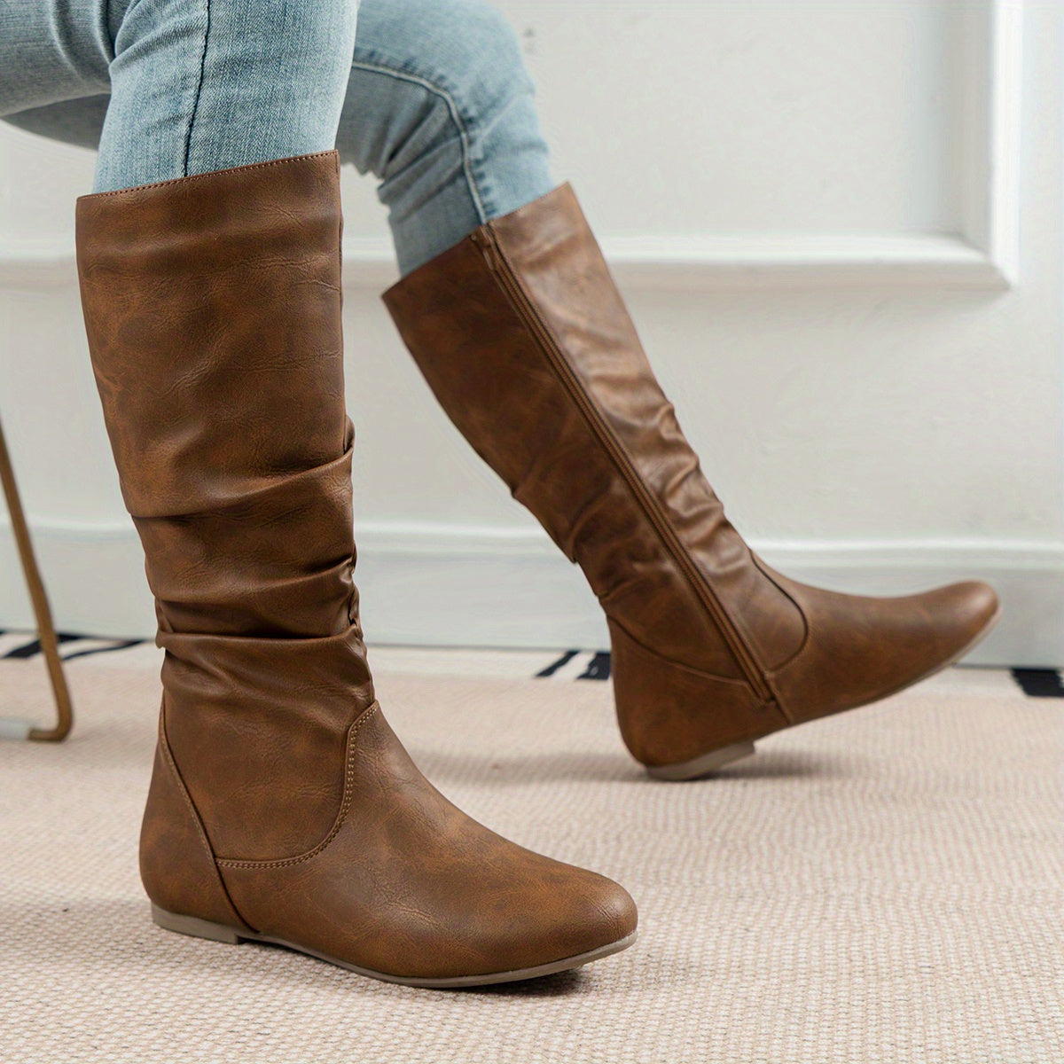 Women's Knee High Slouchy Boots – Black Flat Heel Boots