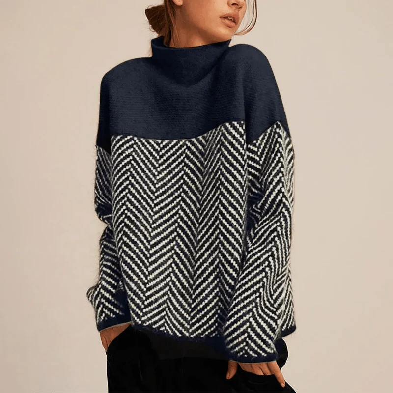 Women's Knitted Jumper with Pattern and High Collar