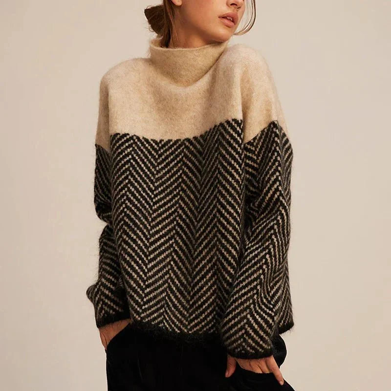 Women's Knitted Jumper with Pattern and High Collar