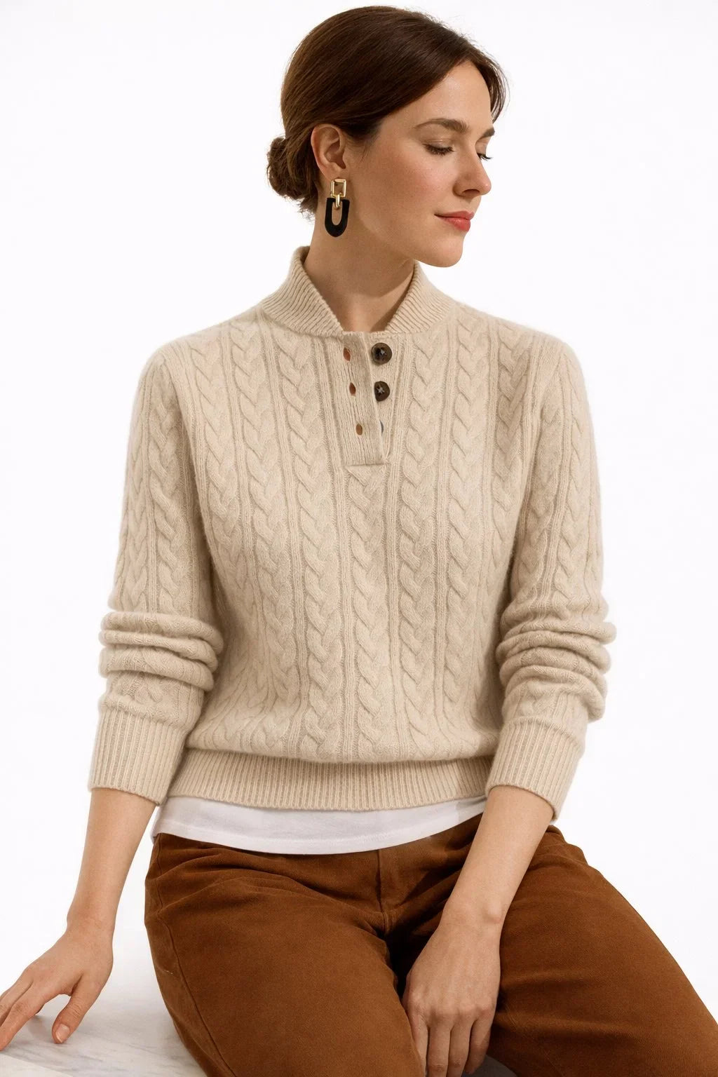 Women's Cable Knit Wool Blend Jumper with Button Neck