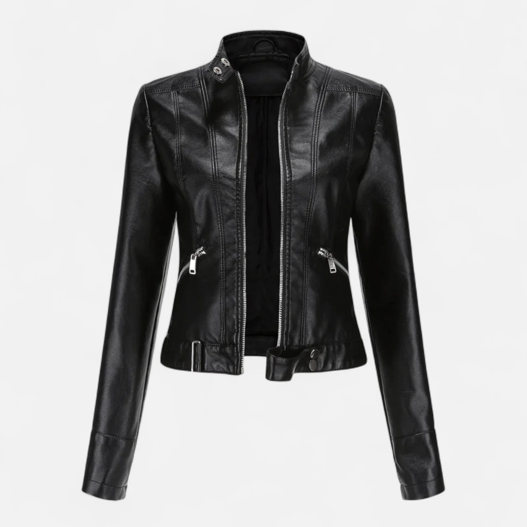 Women's Cropped Leather Jacket – Belted High Collar