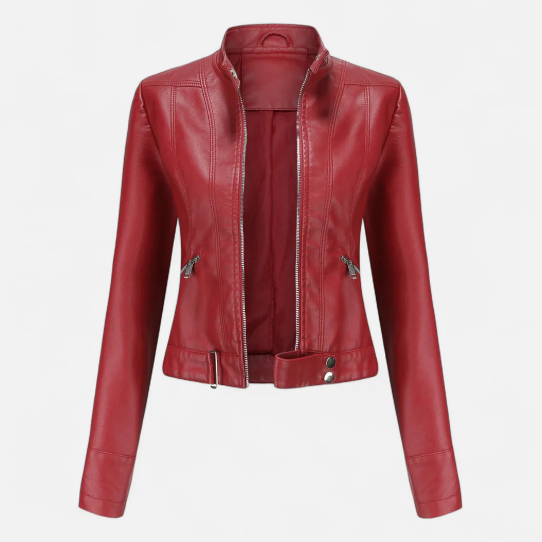 Women's Cropped Leather Jacket – Belted High Collar