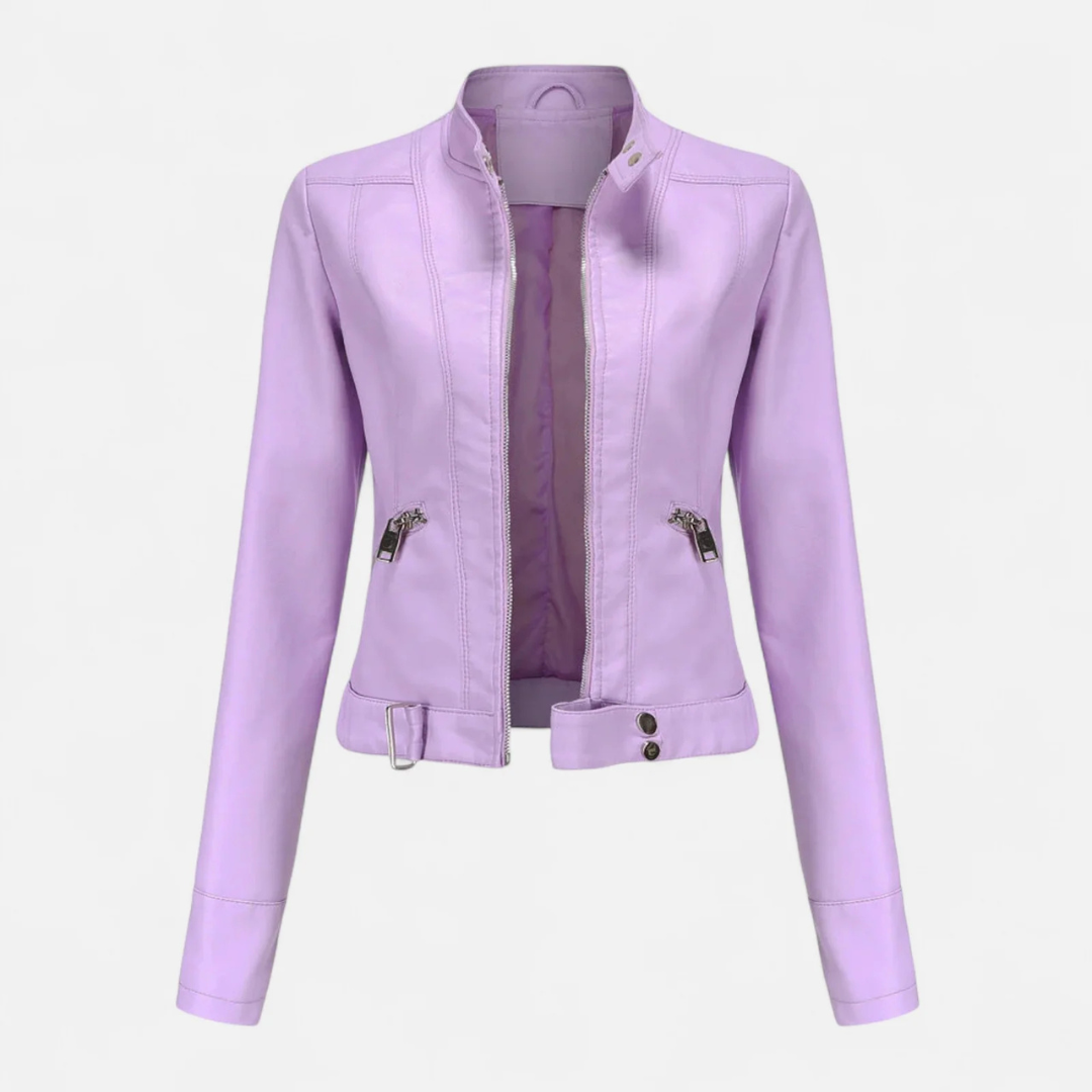 Women's Cropped Leather Jacket – Belted High Collar