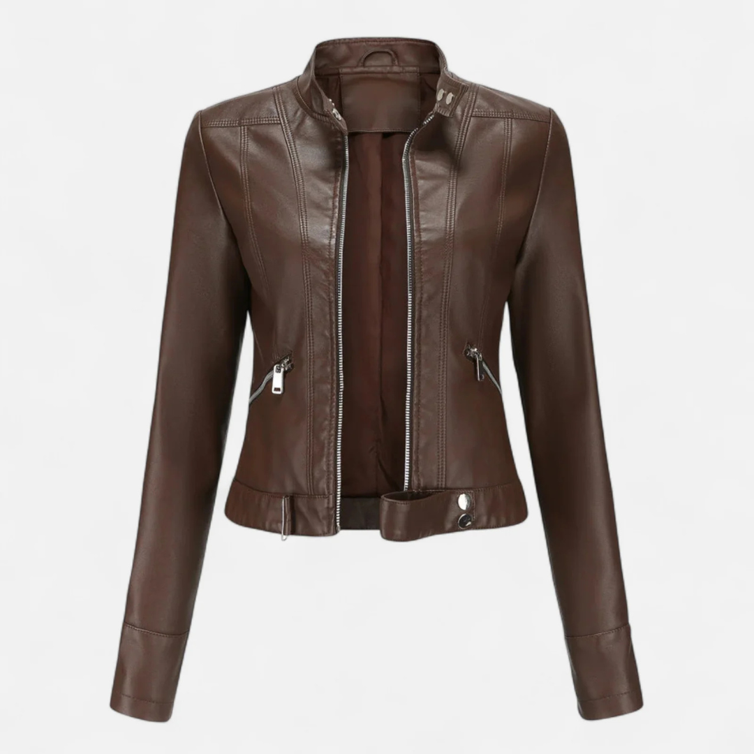 Women's Cropped Leather Jacket – Belted High Collar