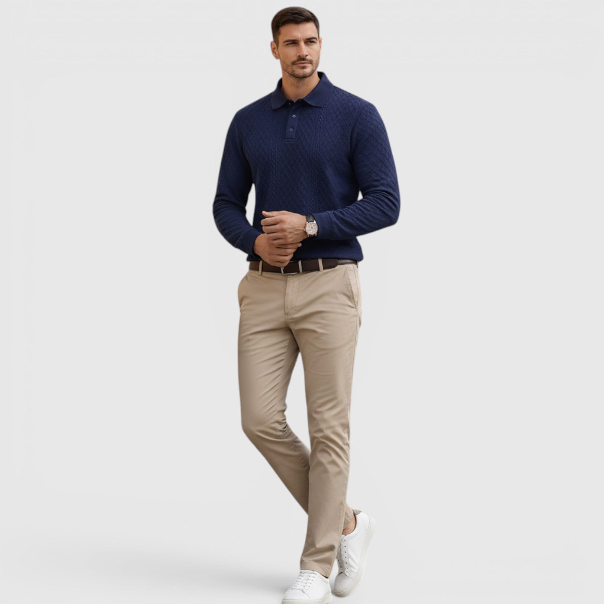 Karl | Men's Long Sleeve Jacquard Polo Shirt Crewneck Sweater Look