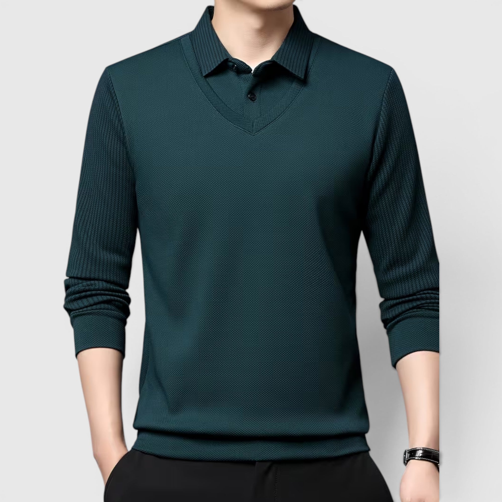 Ellmont London | Men's V-Neck Sweater Faux Two-Piece Polo Shirt for Everyday Wear