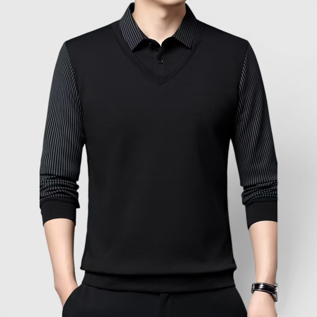 Ellmont London | Men's V-Neck Sweater Faux Two-Piece Polo Shirt for Everyday Wear