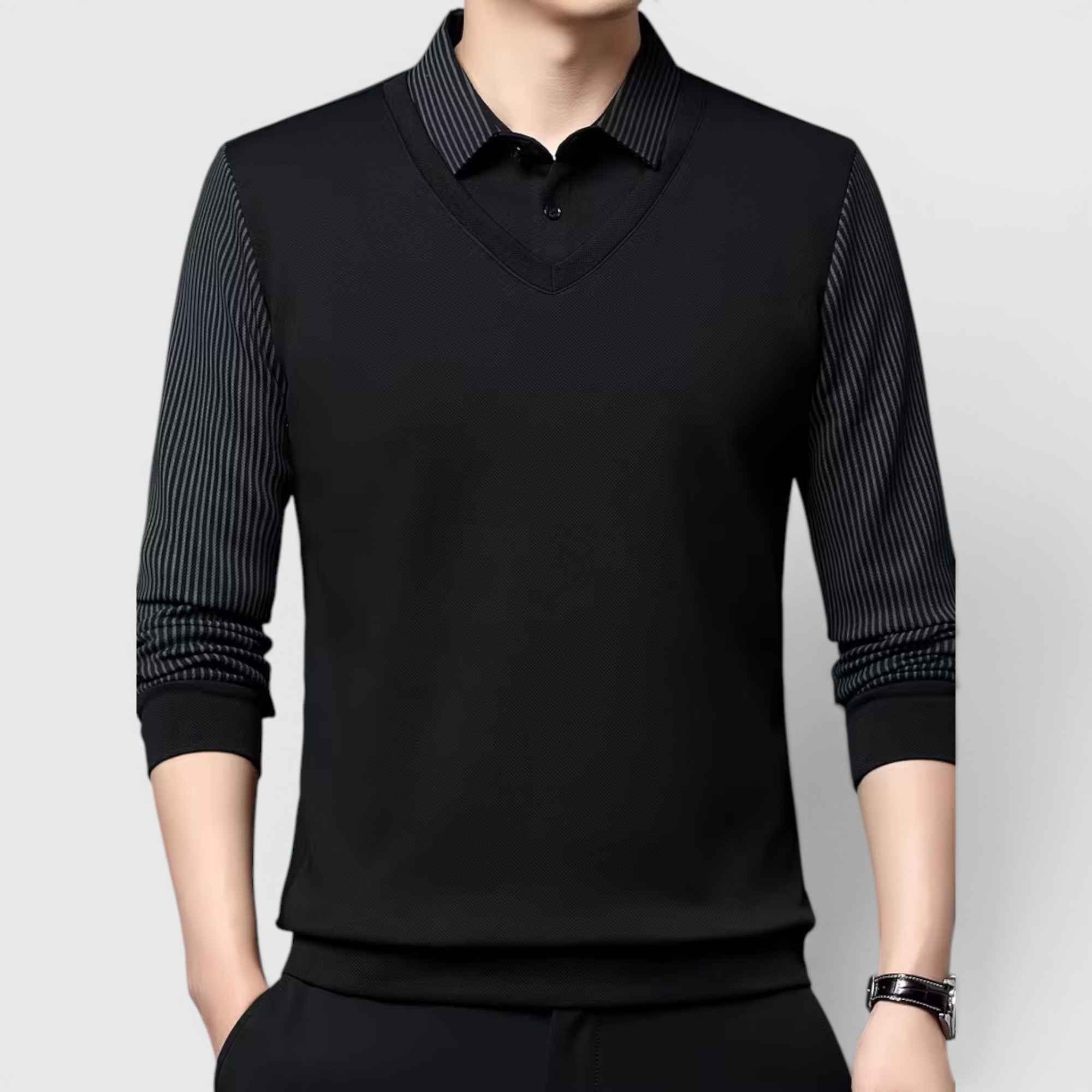 Ellmont London | Men's V-Neck Sweater Faux Two-Piece Polo Shirt for Everyday Wear