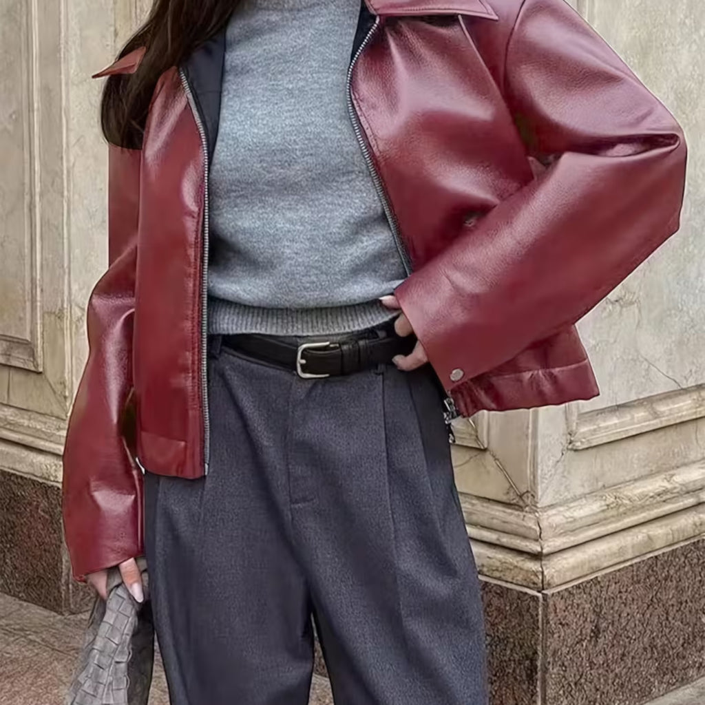 Ellmont London | Leather Jacket Women's Casual Moto Jacket with Lapel Collar