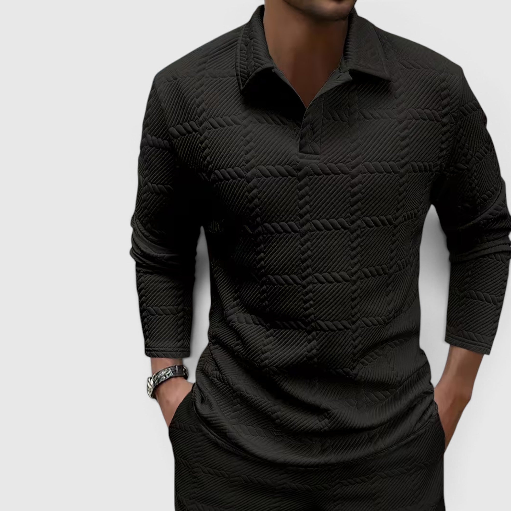 Lewis | Men's Textured Polo Shirt Casual Knit Long Sleeve for Daily Wear