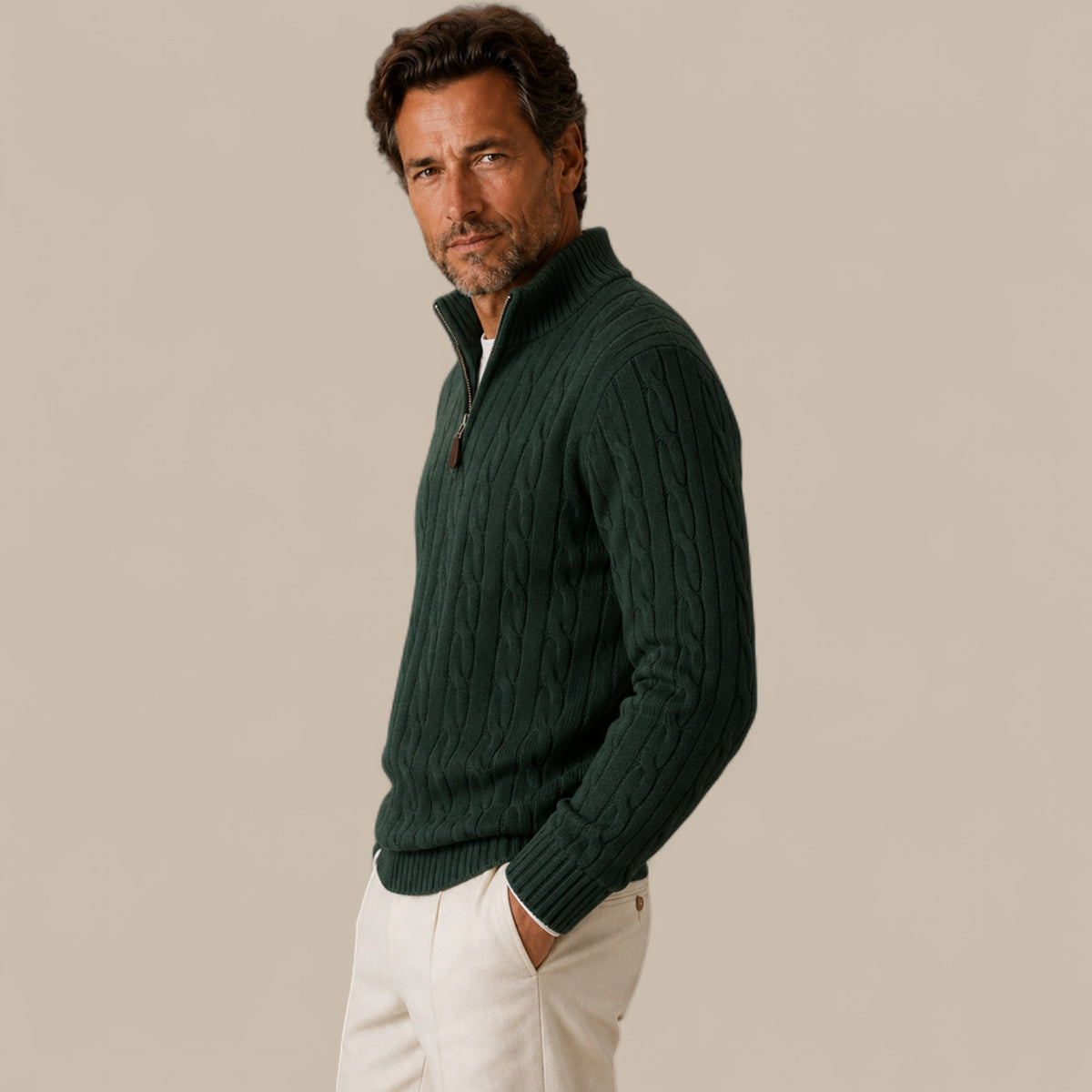 Edward | Men's Cable Knit Quarter Zip Sweater - Casual Pullover