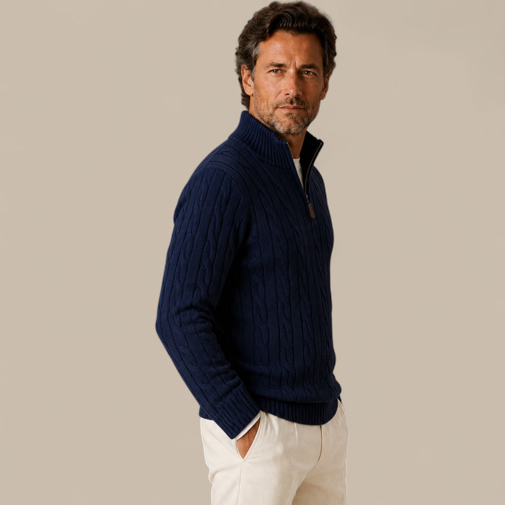 Edward | Men's Cable Knit Quarter Zip Sweater - Casual Pullover