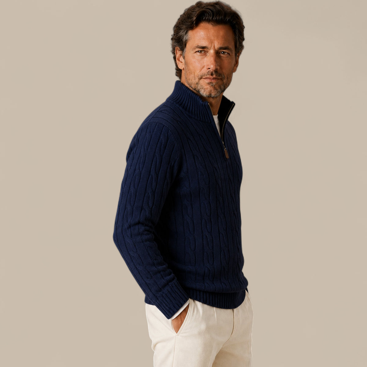 Edward | Men's Cable Knit Quarter Zip Sweater - Casual Pullover