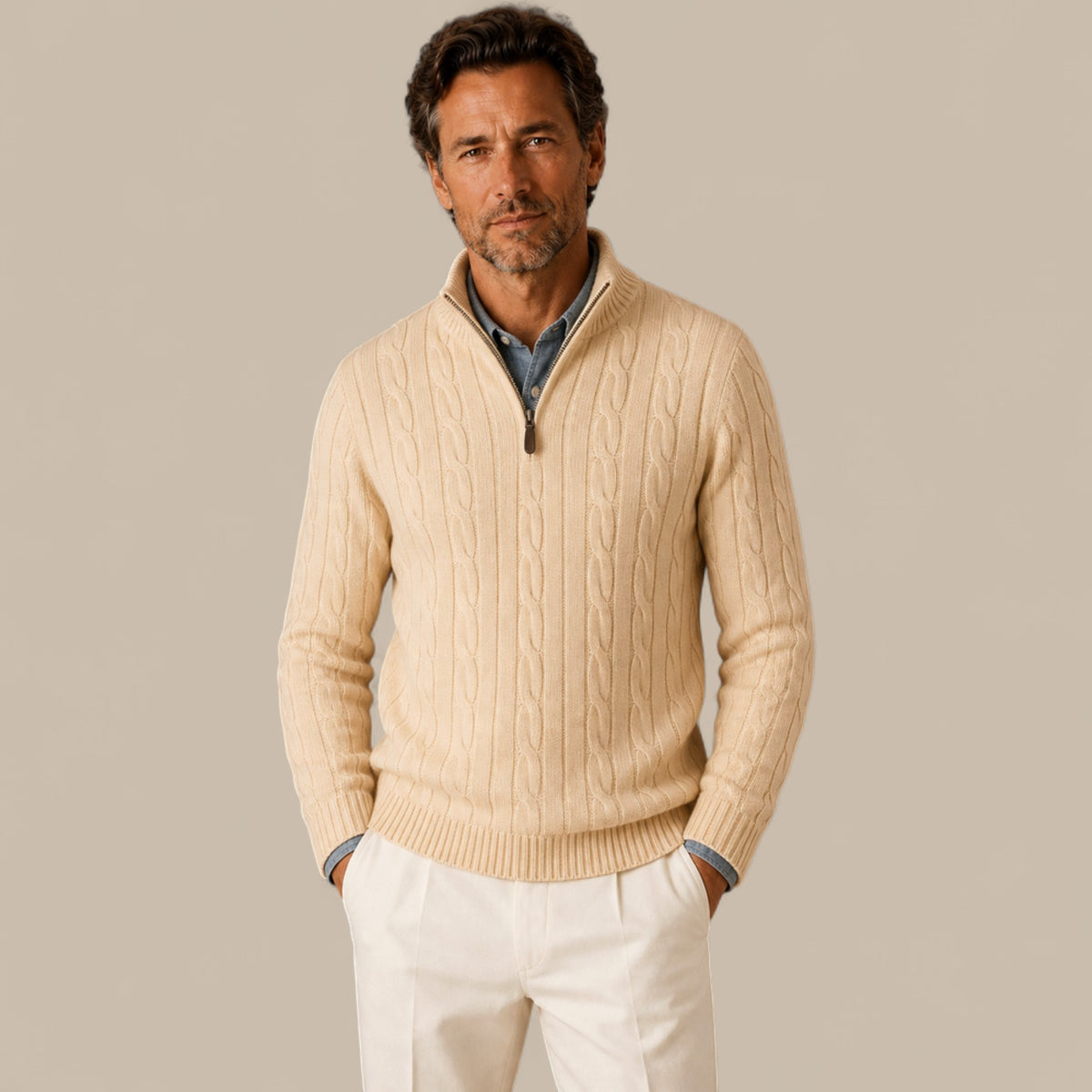 Edward | Men's Cable Knit Quarter Zip Sweater - Casual Pullover