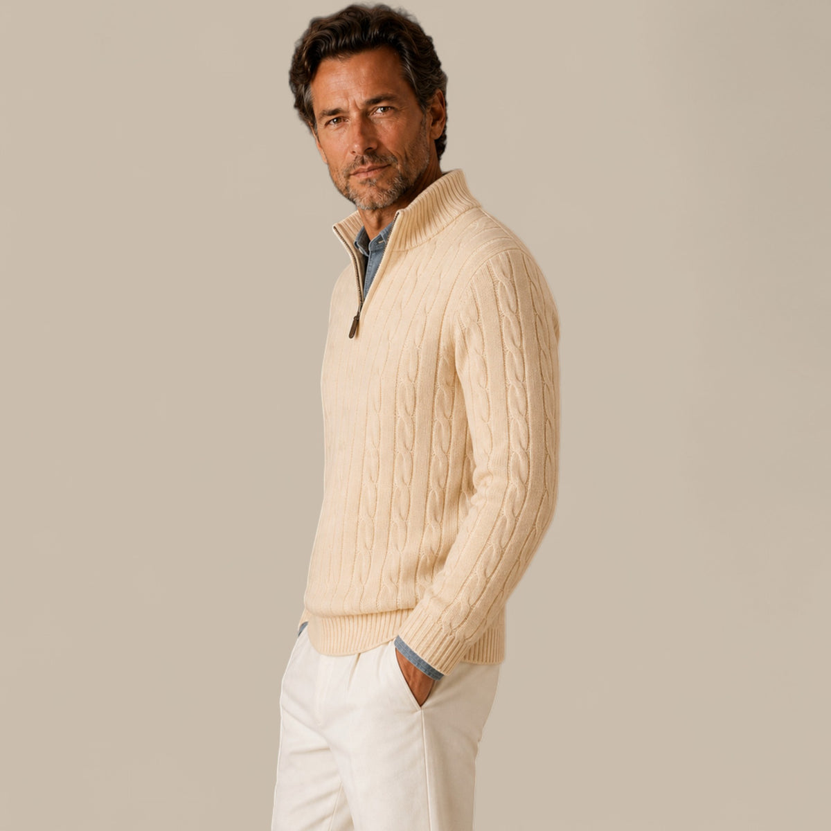 Edward | Men's Cable Knit Quarter Zip Sweater - Casual Pullover