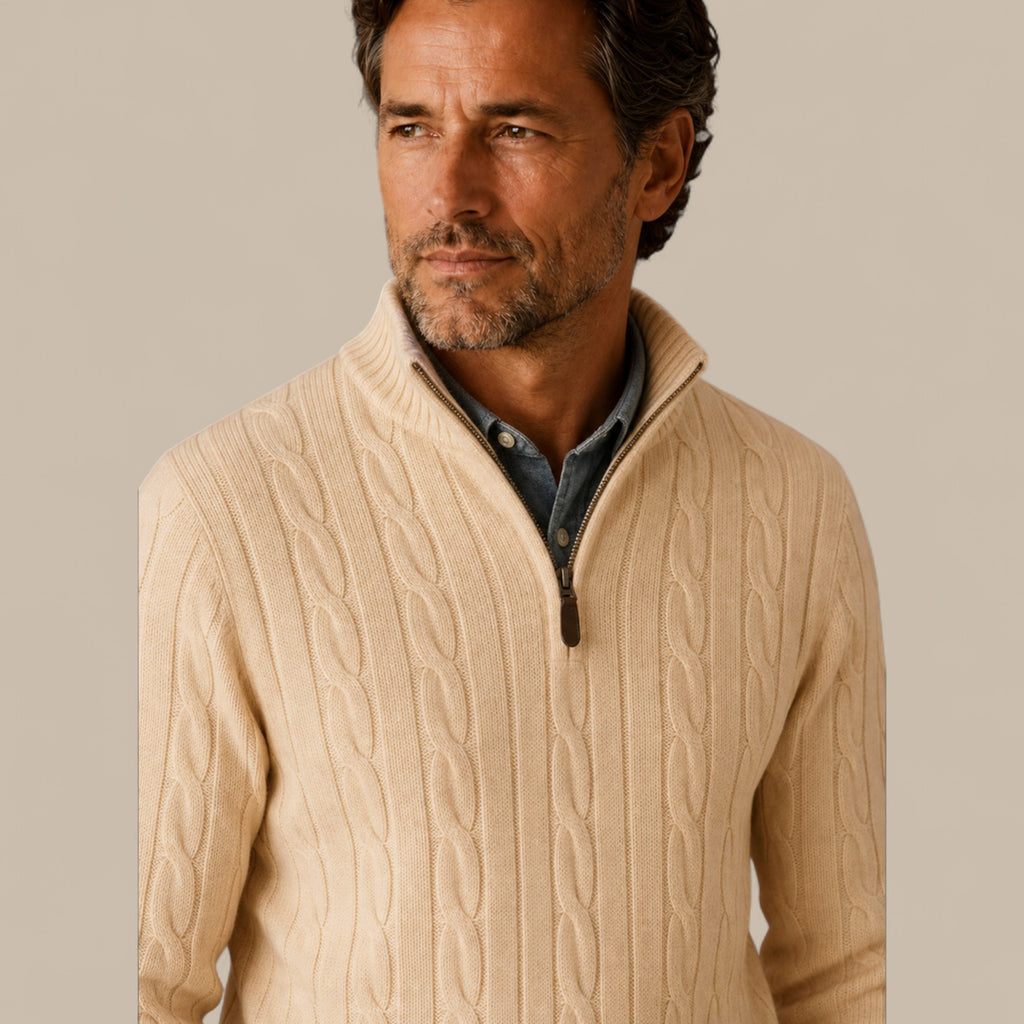 Edward | Men's Cable Knit Quarter Zip Sweater - Casual Pullover