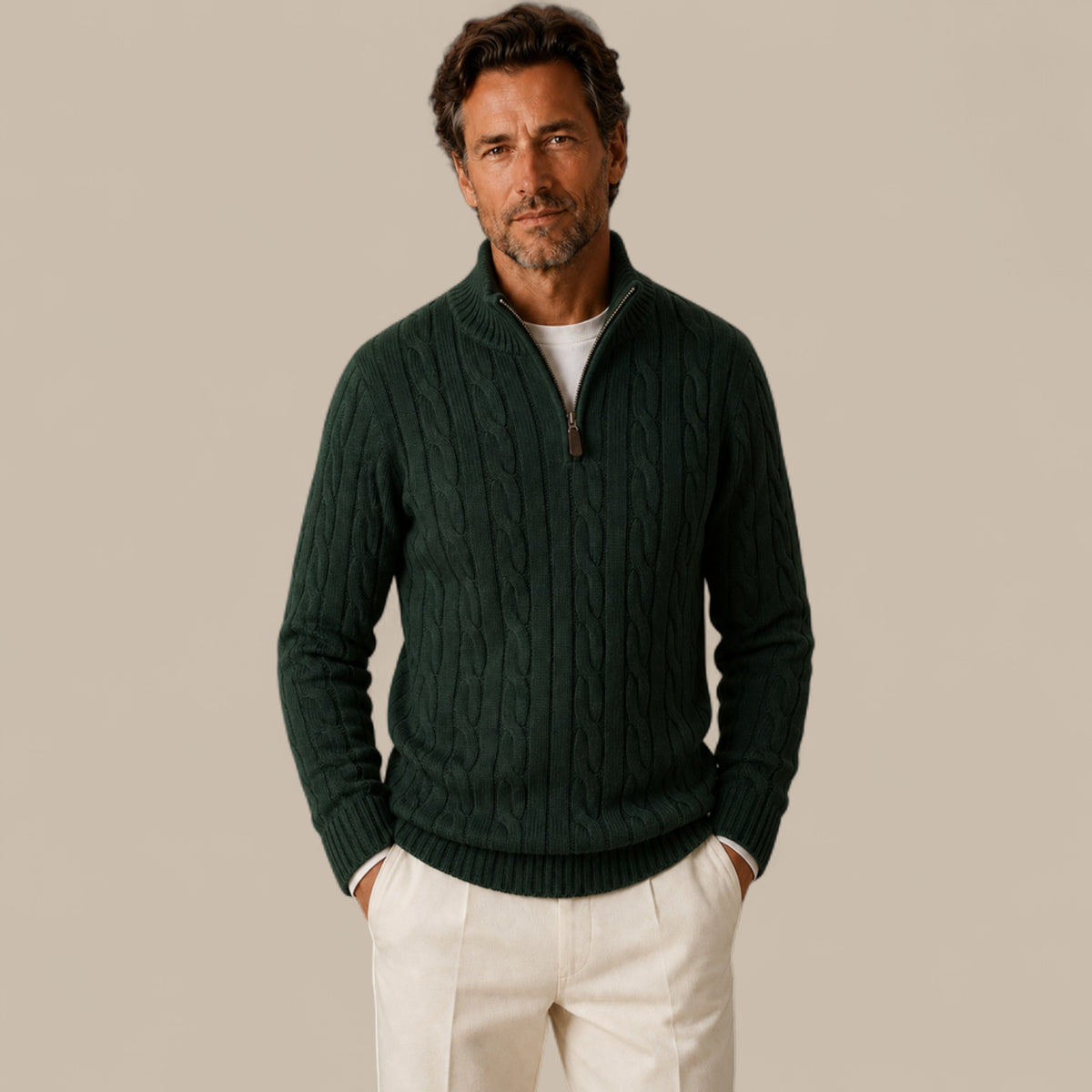 Edward | Men's Cable Knit Quarter Zip Sweater - Casual Pullover