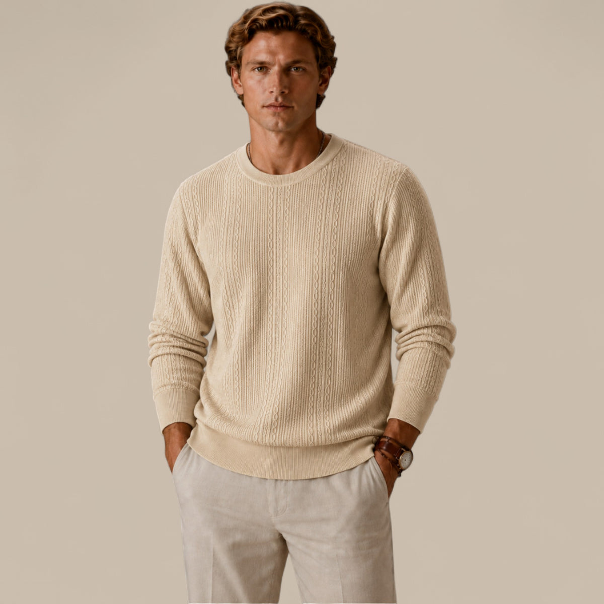 Benjamin | Men's Cable Knit Sweater – Crew Neck Textured Pullover