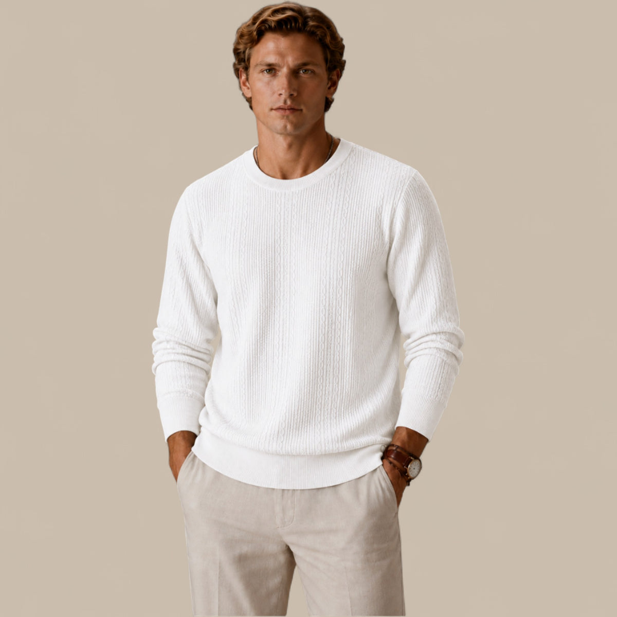 Benjamin | Men's Cable Knit Sweater – Crew Neck Textured Pullover
