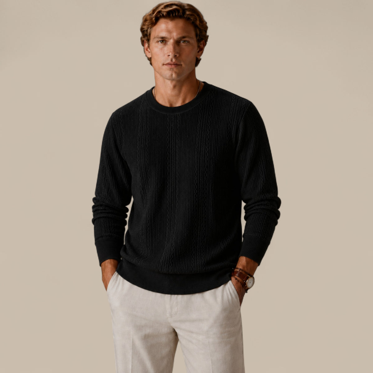 Benjamin | Men's Cable Knit Sweater – Crew Neck Textured Pullover