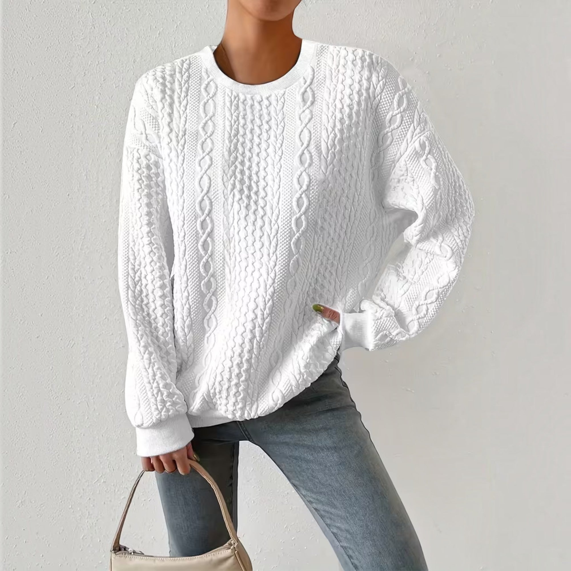 Nadia | Women's Crewneck Sweater – Textured Long Sleeve Casual Pullover
